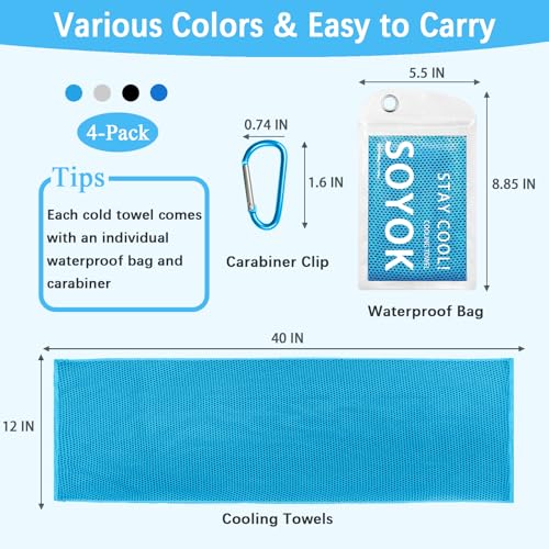 SOYOK 4 Packs Cooling Towels, 40" x 12" Cooling Towels for Neck and Face | High-density microfiber,Soft Breathable,Portable,Reusable, Waterproof Bag,Carabiner,for Running, Yoga, Travel, Climb - color: Light Blue/Light Grey/Black/Royal Blue