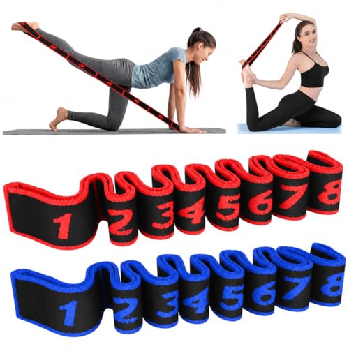 2 Pack Numbered Resistance Bands - 8 Loop Stretch Band, 8 Section Elastic Stretch Strap for Glute Training, Yoga, Pilates, Dance & Flexibility (Blue+Red)
