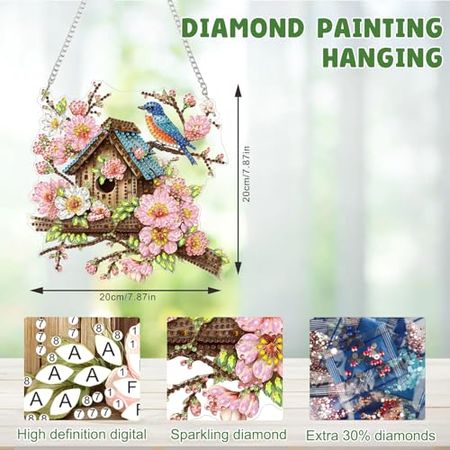 MAXBYE Bird House Flowers Diamond Art Painting Kits for Adults Beginners Hanging Pendent, DIY 5D Special Shaped Crystal Diamond Painting Kits Ornament for Gift Home Wall Door Decor 8×8 Inch - color: Bird House Flowers
