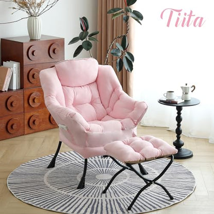 Tiita Lazy Chair with Ottoman, Comfy Reading Accent Chair, Pink - color: Peach Skin Pink