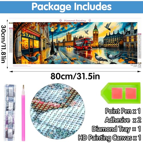 Reofrey Large Diamond Art Kits for Adults London Street Scene, 12x31.5 inch Full Drill Round Rhinestone Big Diamond Painting Kit, DIY Cross Stitch Embroidery Canvas for Crafts Home Wall Decor - color: London Street Scene