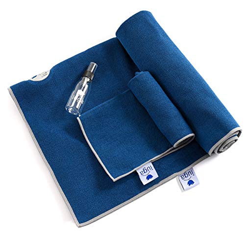 IUGA Yoga Towel for Hot Yoga Non Slip Extra Thick Yoga Mat Towel + Hand Towel 2in1 Set with Corner Pockets Super Absorbent and Quick Dry Hot Yoga Towel - color: Dark Blue, size: 72”X26”