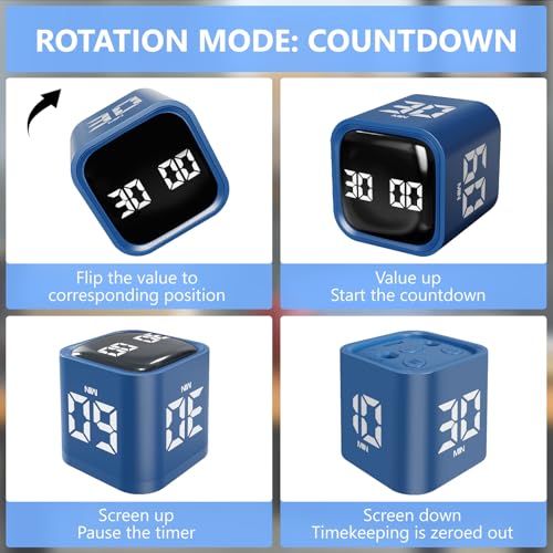 GuDoQi Multi-Function Cube Timer, 5/10/30/60 Min & Custom Count Down, Included Pause & Resume Feature, Silent, Vibrate & Adjustable Sound Alarm for Productivity in Tasks,Study & Kitchen, Classic Blue - color: Blue
