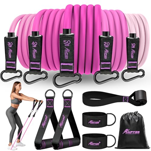 HPYGN Resistance Bands, Exercise Bands with Handles, Fitness Bands, Workout Bands with Door Anchor and Ankle Straps, for Heavy Resistance Training, Physical Therapy, Shape Body, Yoga, Home Workout Set - color: pink, style: 150LBS