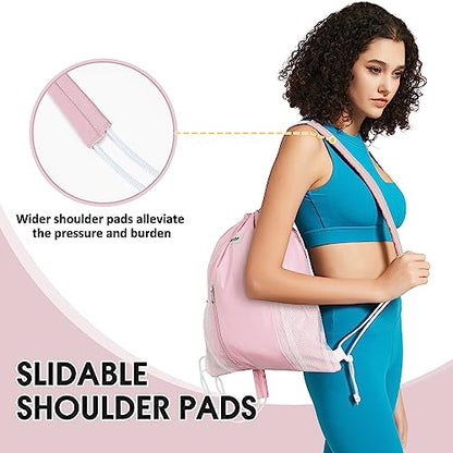 WANDF Drawstring Backpack, Gym String Bag with Shoulder Pad - color: M, Pink, size: Medium
