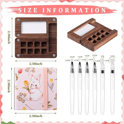 Qilery Mini Portable Watercolor Palette Set Wooden Grid Paint Box Watercolor Paper Sketch Book Brush Pens with Binder Clip for Painters Artist Not Include Paint(Rabbit) - style: Rabbit