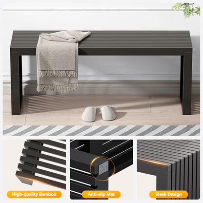 Bamboo Dining Bench, 35'' Slatted Design Entryway Bench, Black - color: Black, size: 35in