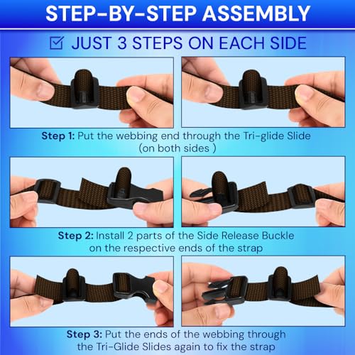 TECEUM 3/4" Nylon Strap Kit with Buckles, Brown 6 yards Repair Set | Heavy duty hardware kit: 6yd webbing, 6 quick release buckles, 12 tri-glide slide clips, 6 metal D-rings for crafting. - color: Brown, size: 3/4" - 6 yards, style: 6 Buckle - 12 Slides -