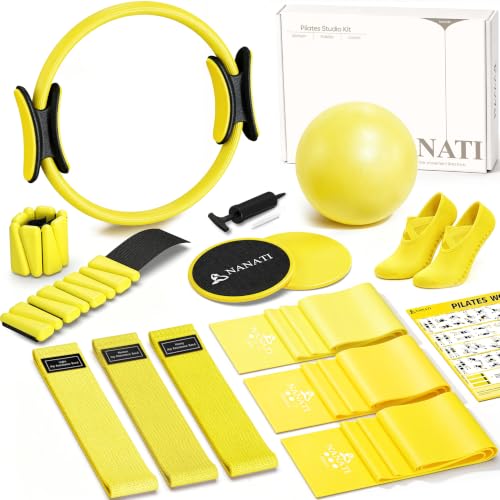 NANATI Pilates Kit, Home Pilates Workout Kit for Women, Pilates Equipment with 14.5"" Pilates Ring and Ball, Resistance Bands, Ankle Weights, Sliders & Grip Socks for Home Workouts - color: Lemon Yellow