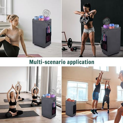 Yoga Mat Storage Racks, Home Gym Storage Rack with Wheels, Yoga Mat Holder Side 2 Mesh Pockets, Yoga Storage Basket Holds 4 Yoga Mats, 2 Foam Rollers, 6 Resistance Bands - color: Dark Gray