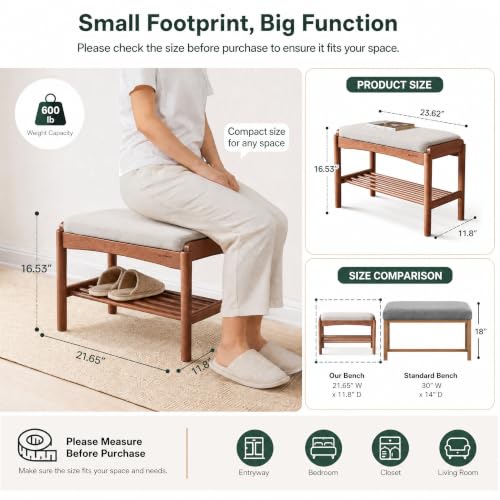 Solid Wood Shoe Bench, 24 Inch Entryway Bench with Light Gray Cushion - color: Walnut + Light Gray Cushion, size: 23.62"