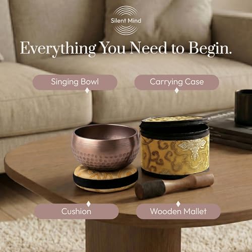 Silent Mind Tibetan Singing Bowl Set – Easy to Play & Beginner Friendly Meditation Bowl with Cushion, Mallet & Case | Stress Relief & Mindfulness | Gift-Ready - color: Brown Glossy, size: With Case