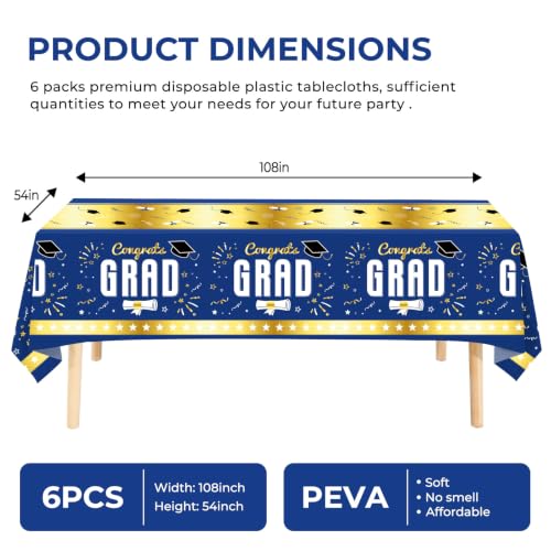 6 Pack Disposable Plastic Tablecloth 54" x 108" Blue Class of 2026 Grad Party Table Cloths Disposable for 6 to 8 Foot Tables Graduation Party Indoor or Outdoor (Graduation Blue) - color: Graduation Blue