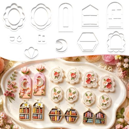11Pcs Floral Moon Bookshelf Clay Mold Set for Earring Making | Floral, moon and bookshelf designs for stylish handmade earrings, pendants and clay craft projects. - color: Bookshelf
