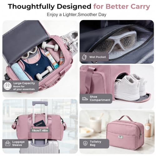 FIORETTO Women's Gym Duffle Bag with Shoes Compartment, 30L Capacity, Ideal for Travel, Gym, Sports, Duffel, Weekender - color: Grayish Pink, style: Gym Bag With Toiletry Bag