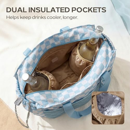 Omanmoli Beach Bag for Women Large Waterproof Sandproof Tote 40oz Holder | Anti-theft Lock & Chain,12 Pockets,2 Insulated Foil Pockets,Checkered,Cruise Travel Vacation Picnic Pool Work Gym,Checkered - color: Beige&blue