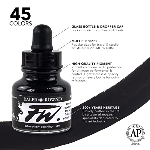 Daler-Rowney FW Acrylic Ink Bottle 6-Color Shimmering Set with Empty Marker - Acrylic Set of Drawing Inks for Artists and Students - Permanent Art Ink Calligraphy Set - style: 6 Pack, Shimmering