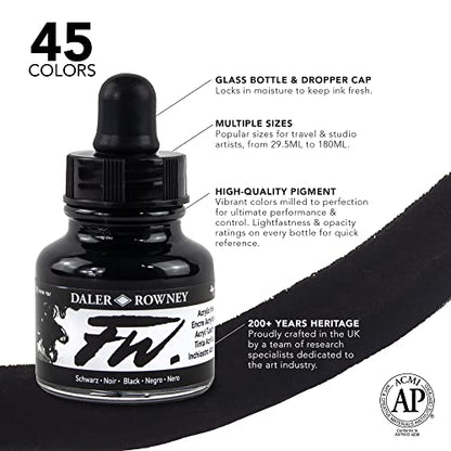 Daler-Rowney FW Acrylic Ink Bottle 6-Color Shimmering Set with Empty Marker - Acrylic Set of Drawing Inks for Artists and Students - Permanent Art Ink Calligraphy Set - style: 6 Pack, Shimmering