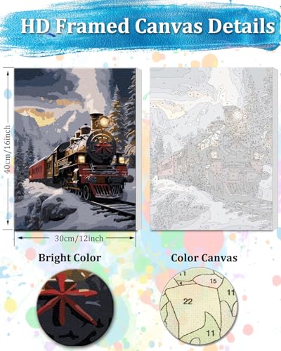 TOCARE Framed Paint by Numbers Kit for Adults, 12x16Inch Train Paint by Numbers with Frame, Snow Mountains Adult Paint by Number Framed Canvas Winter Nature Scenery(Without Easel) - color: TC-F-206