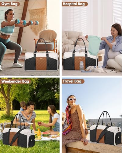 Women Weekender Travel Duffle Bag: Travel Duffel Overnight Bags with Shoe Compartment Large Carry on Tote with Toiletry Bag Weekend Traveling Yoga Gym Hospital Bag for Women with Wet Pocket - color: 10-Black Beige Brown, size: Large
