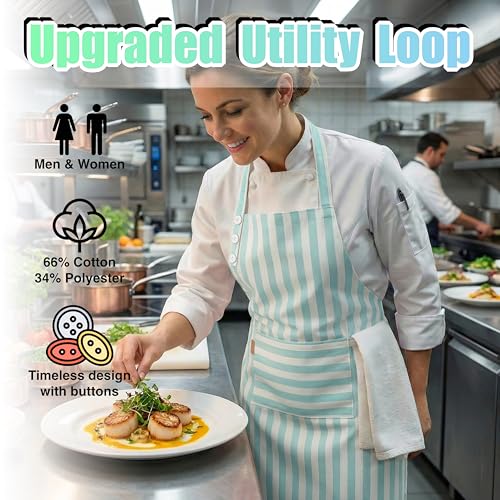 TOSHEX Kitchen Apron Cotton Waterdrop Resistant Adjustable Button Women Men | Premium Cotton Cooking Apron with Pocket. Striped, Gift, Green - color: Green