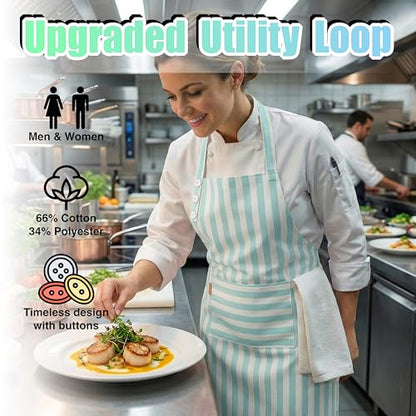 TOSHEX Kitchen Apron Cotton Waterdrop Resistant Adjustable Button Women Men | Premium Cotton Cooking Apron with Pocket. Striped, Gift, Green - color: Green