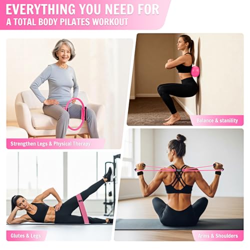 UZTUGG Pilates Equipment Kit at Home for Women, 4-in-1 Workout Essential Set with Pilates Ring, Fabric Resistance Bands, Figure 8 Resistance Band, Pilates Ball–Full Body Toning, Yoga & Stretching - color: pink pilates kit