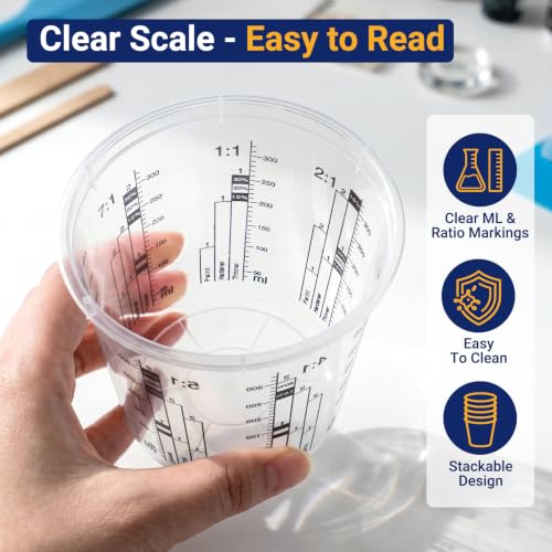 30 Pack 10oz 320ml Clear Plastic Paint Mixing Cups with 30 Stir Sticks - Disposable Graduated Measuring Cups for Paint, Resin & Epoxy with ML Scale & 3-Column Ratios (1:1-7:1) for DIY Crafts - size: 10oz / 320ml