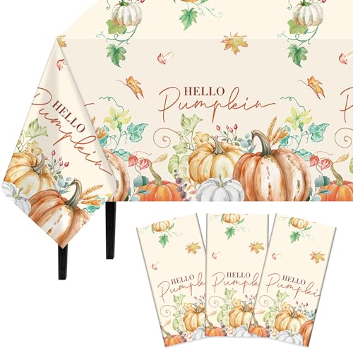 3 Pcs Fall Pumpkin Tablecloths, 54 * 108 Inch Thanksgiving Table Cover, Watercolor Pumpkin Maple Leaf Plastic Tablecloths for Fall Party, Thanksgiving Decorations - color: Watercolor Pumpkin