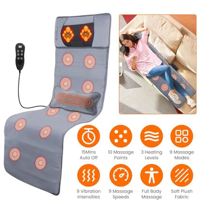 KOCASO Full Body Massage Mat with Heat & Vibration，Back Massager with 10 Motors，Massage Pad with Heat Timer for Relaxation，Body Massagers for Muscles，Ideal Gift for Parents - size: 19.29 x 7.87 x 13.78 in
