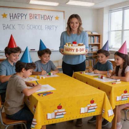 Back to School Party Tablecloth, 1PCS Disposable Plastic Table Cover, Yellow Ruler Apple Book Design, Rectangular Classroom Tablecloth for First Day of School, Teacher Appreciation Party Supplies - color: Tablecloth