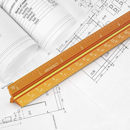 12" Architectural Scale Ruler Aluminum Architect Scale Ruler, Golden | Triangular Scale Ruler for Architects, Draftsman, Students and Engineers - color: Golden