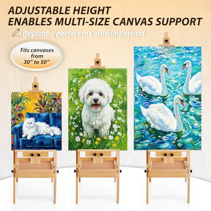 Beech Wood H-Frame Painting Easel Stand,Flat & Upright Adjustable Art Easel | Adjustable height 48"-82" & tilt 0°-90", fits 30"-50" canvas, Foldable wooden easel with storage drawer & trays for adults - color: Organic Natural