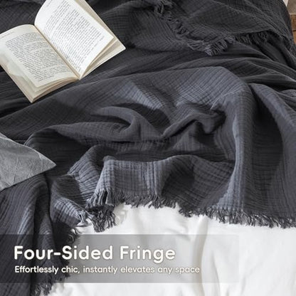 MooMee 100% Cotton Muslin Blanket Fringed 4-Layer Gauze Bed Throw, Queen - color: Dark Grey, size: Queen