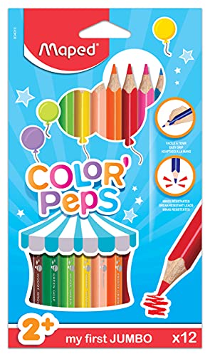 Maped - Color'Peps - Triangular jumbo colored pencils - Assorted - 12 count | Ideal for Early Learners - Boosts Kids Art Skills - Durable and Long-lasting - Enhanced Comfort Grip for Easy Drawing - size: 12 Count (Pack of 1)