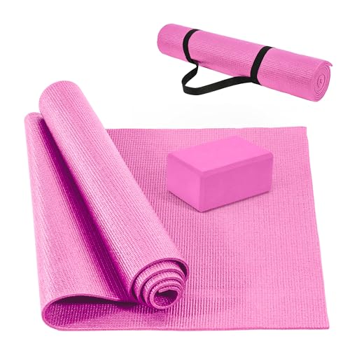 Fitvids All Purpose Thick High Density No Tear Exercise Yoga Mat with Strap & Lightweight Features for Indoor & Outdoor Use - color: Pink