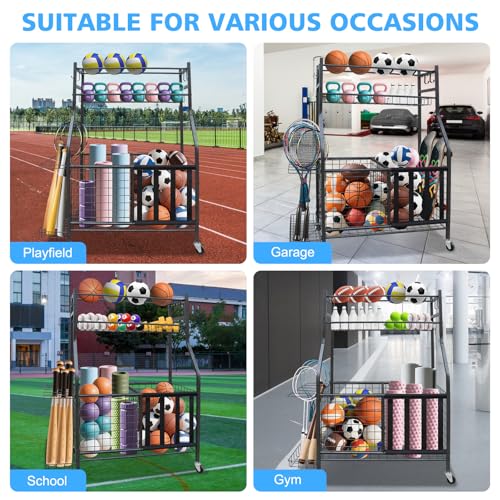 Sports Equipment Garage Organizer, Garage Ball Storage Rack with Basket, Hooks and Rolling Cart for Sports Gear and Toy Storage, Heavy Duty Ball Holder Indoor/Outdoor Use