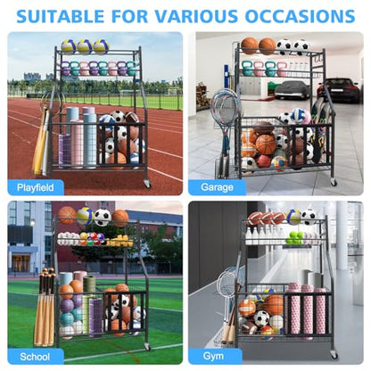 Sports Equipment Garage Organizer, Garage Ball Storage Rack with Basket, Hooks and Rolling Cart for Sports Gear and Toy Storage, Heavy Duty Ball Holder Indoor/Outdoor Use