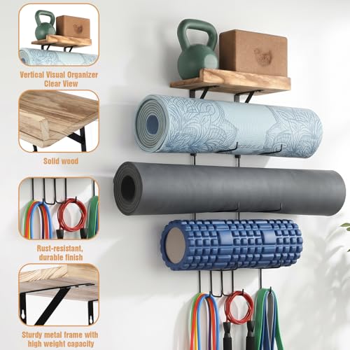 Yoga Mat Holder Wall Mount, Yoga Mat Organizer Storage Home Gym Accessories with Wood Floating Shelves for Storing Fitness, Yoga Mat Rack with 4 Hooks for Hanging Foam Roller and Resistance Bands