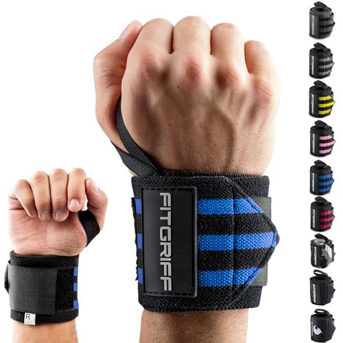 Fitgriff® Wrist Wraps for Weightlifting (18") Heavy-Duty Support for Gym, Bench Press, and Pushups (1 Pair) - for Men and Women (Black/Blue) - color: Black/Blue