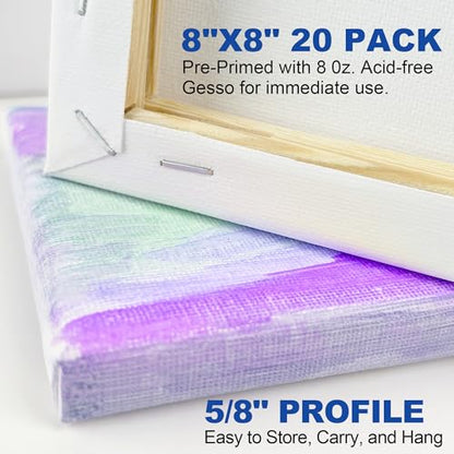 Professional Stretched Canvases for Painting with 8x8 Inch, 20 Packs Blank Painting Canvas for Acrylics,Oils & Other Painting Media, 5/8 Inch Profile 100% Cotton Artist Framed Canvas - size: 20 Pack - 8×8IN