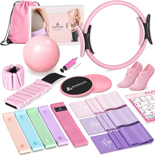 NANATI Pilates Kit, Home Pilates Workout Kit for Women, Pilates Equipment with 14.5"" Pilates Ring and Ball, Resistance Bands, Ankle Weights, Sliders & Grip Socks for Home Workouts - color: Pink