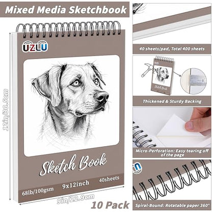 10 Pcs Sketch Book Bulk 9 x 12 in 400 Sheets Top Spiral Bound Sketch Pad Drawing Paper 40 Sheets Each Acid Free Mixed Media Sketchbook 68lb/100gsm Art Supplies for Beginner Artist - size: 9x12in