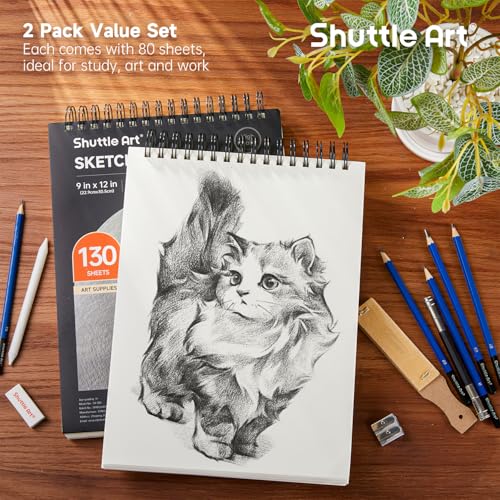 Shuttle Art 9”x12” Sketch Pad, 260 Sheets (68lb/100gsm) Drawing Pad, Pack of 2, 130 Sheets Each, Spiral Bound Sketch Book, Durable Acid-Free Drawing Paper, Great Sketch Pad for Kids, Teens & Adults - size: 130 Sheets x 2