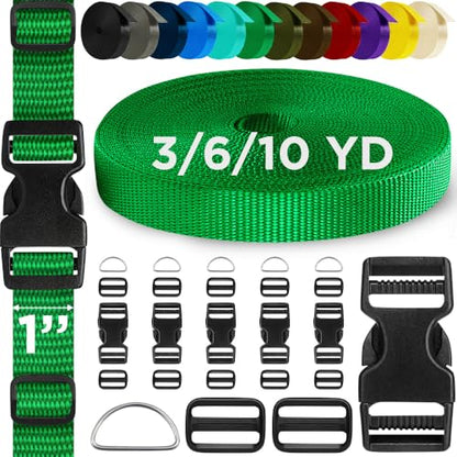 TECEUM 1" Nylon Strap Kit with Buckles, Green 6 yards Repair Set | Heavy duty hardware kit: 6yd webbing, 6 quick release buckles, 12 tri-glide slide clips, 6 metal D-rings for crafting. - color: Green, size: 1" - 6 yards, style: 6 Buckle - 12 Slides - 6 D