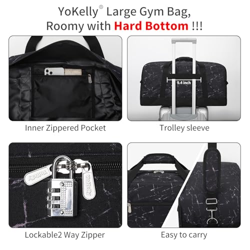55L Mens Duffle Bag for Travel - 25 inch Sports Duffel Bag with Hard Bottom - Marble Black - color: Marble Black