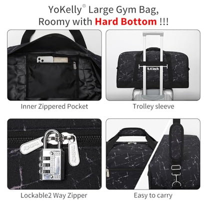 55L Mens Duffle Bag for Travel - 25 inch Sports Duffel Bag with Hard Bottom - Marble Black - color: Marble Black
