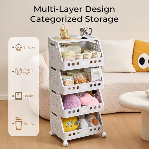 UFORU 4 Tier Rolling Storage Cart,Plastic Open Storage Basket with Wheels