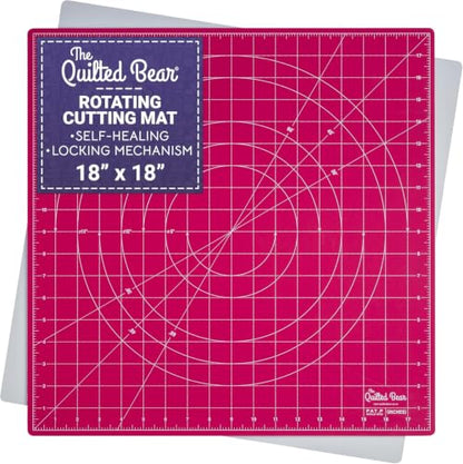 The Quilted Bear Rotating Cutting Mat 18" x 18" - Square 360° Rotating Self Healing Mat with Innovative Locking Mechanism for Quilting & Sewing Your Choice of Colours Available! (Pink) | Square Mat, 360° Rotation, Locking Mechanism, 5-Layer Surface, Non-S