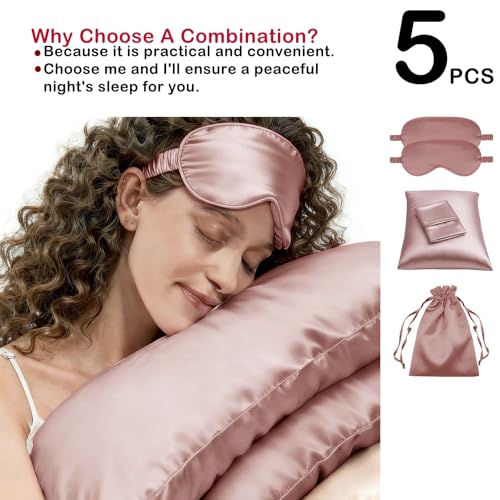 5Pcs Silky Sleep Mask Eye Masks Breathable Soft Satin Pillowcases Set for Sleeping Similar to Silk Pillowcase Travel Gift - color: Sandalwood-queen Size